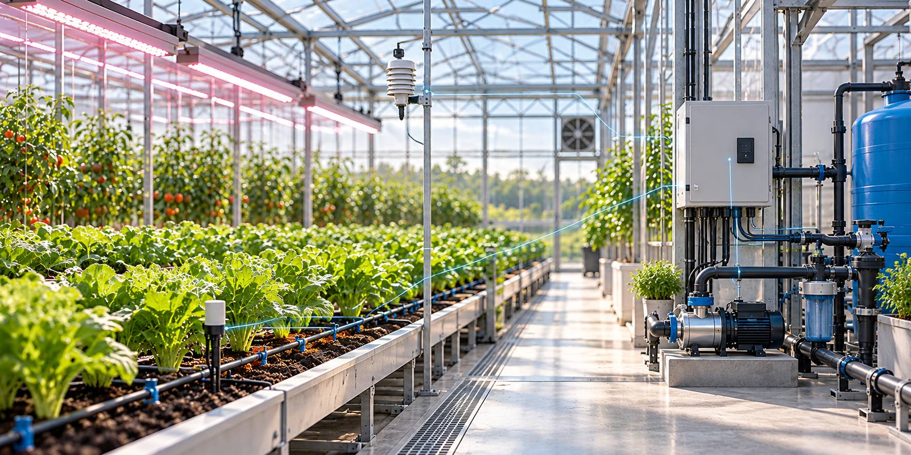 Conceptual greenhouse automation system with environmental sensors, irrigation, lighting and connected control equipment