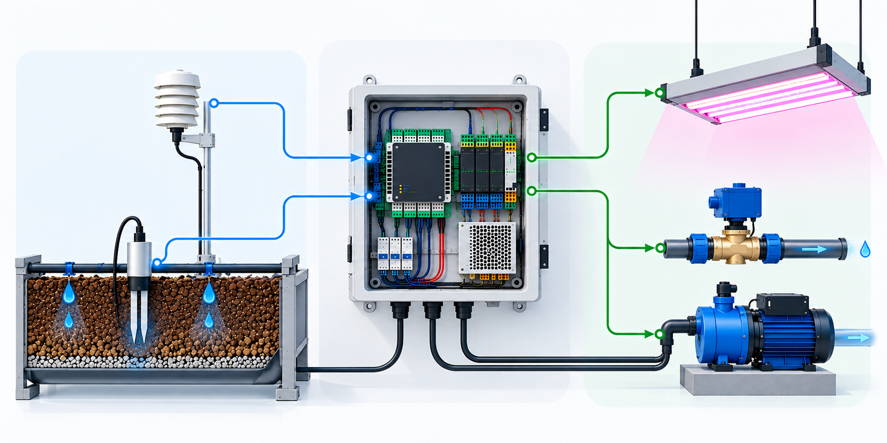 Engineering schematic showing greenhouse sensors connected to a local controller operating irrigation and lighting equipment