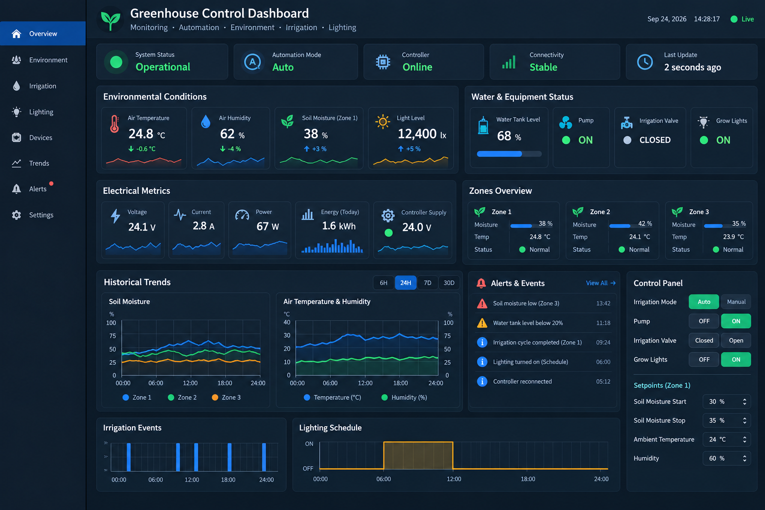Illustrative operator dashboard showing greenhouse measurements, electrical metrics, equipment status, historical trends, alerts and controls